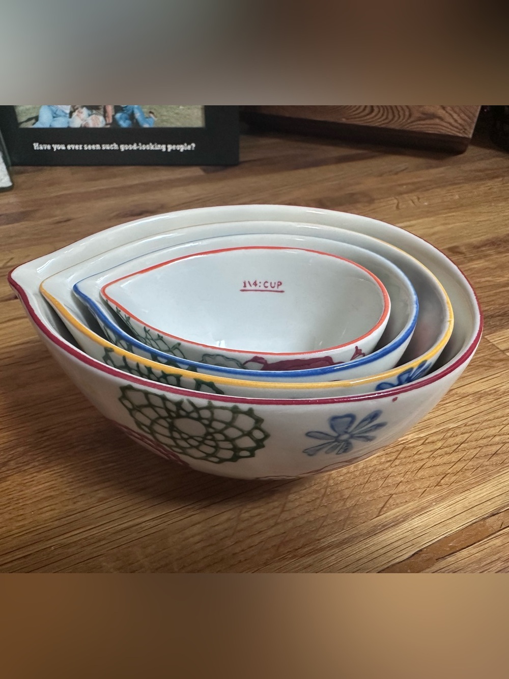 Pier 1 Nesting Measuring Bowls - White with Red, Blue, Yellow, Green Accents